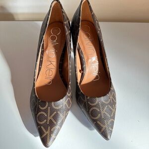 Calvin Klein Brown Logo Pointed Toe Pumps with Monogram